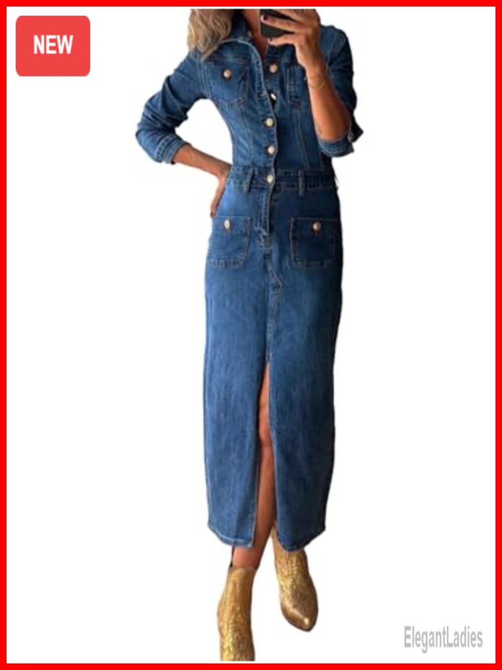 Conshvi Women's Long Sleeve Button Down Denim Maxi Dress V-Neck Bodycon Slit